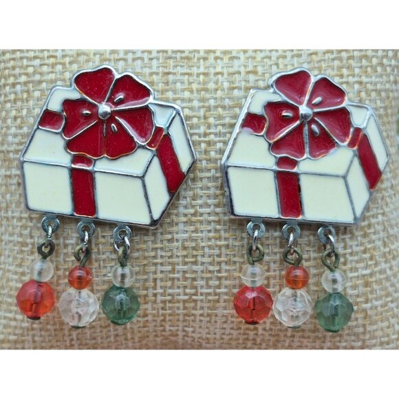 CHRISTMAS Earrings Dangle Beads Enamel Presents With Bows Holiday Party 1.75" - Picture 4 of 6